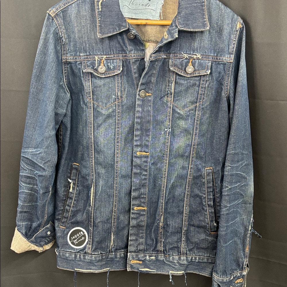 Repurposed Denim Jacket with Red Floral Lace Inset by Jagged Threads - Picture 3 of 5